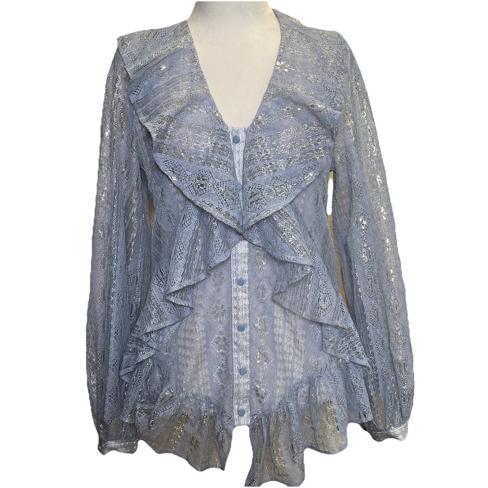Alice McCall Blouse Top 4 Blue Lace Sheer Metallic Ruffles‎ Button Cottage Fairy